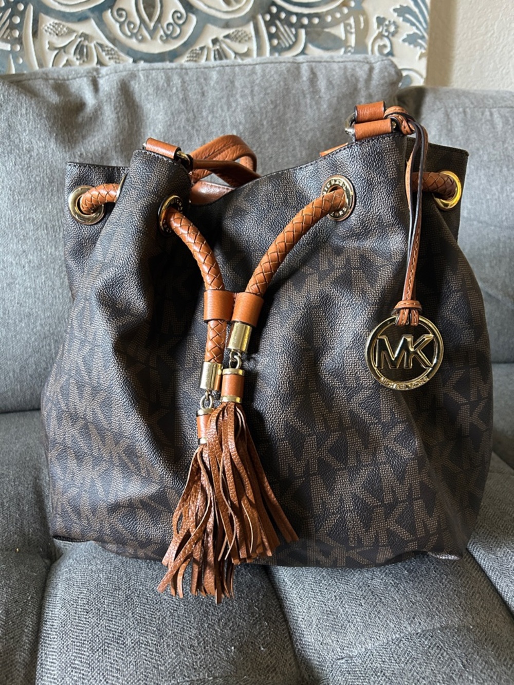 Michael Kors Brown Logo Tassel Drawstring Bucket Bag
